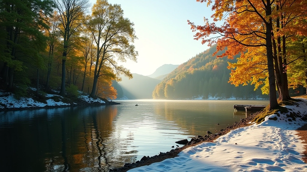Keturios ežero nuotraukos — pavasario žali medžiai, vasaros saulė, rudens spalvos, žiemos sniegas