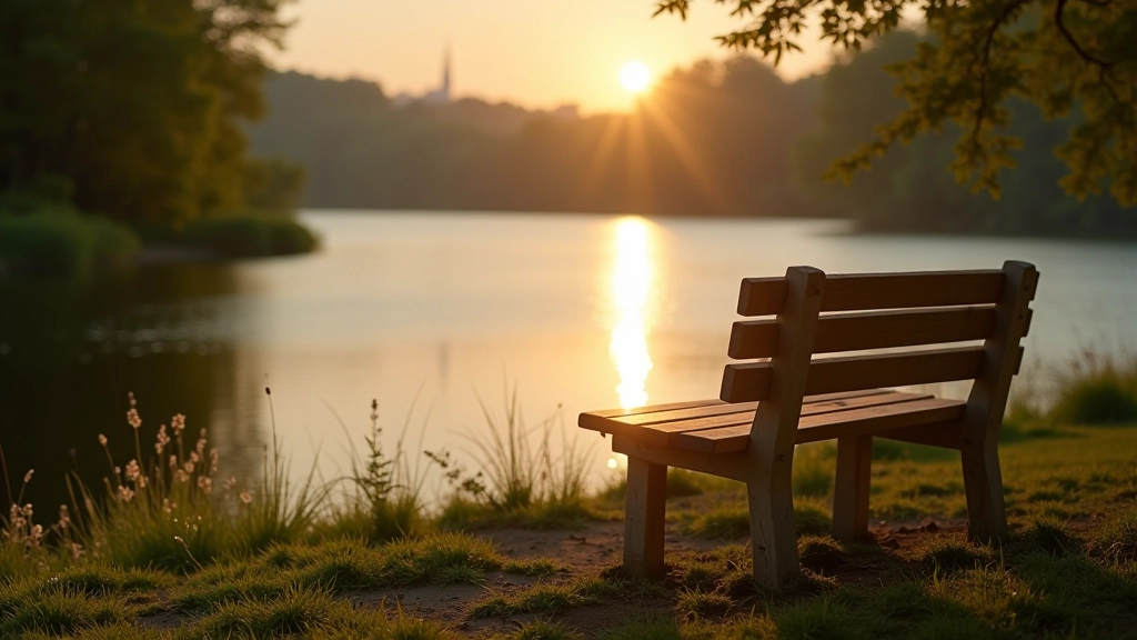 Close-up of comfortable wooden bench by water with clear view of peaceful lake
